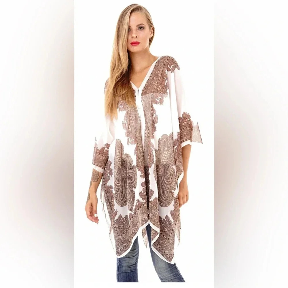 Boho poncho summer  swim cover up 
one size fits most white tan pearl detail